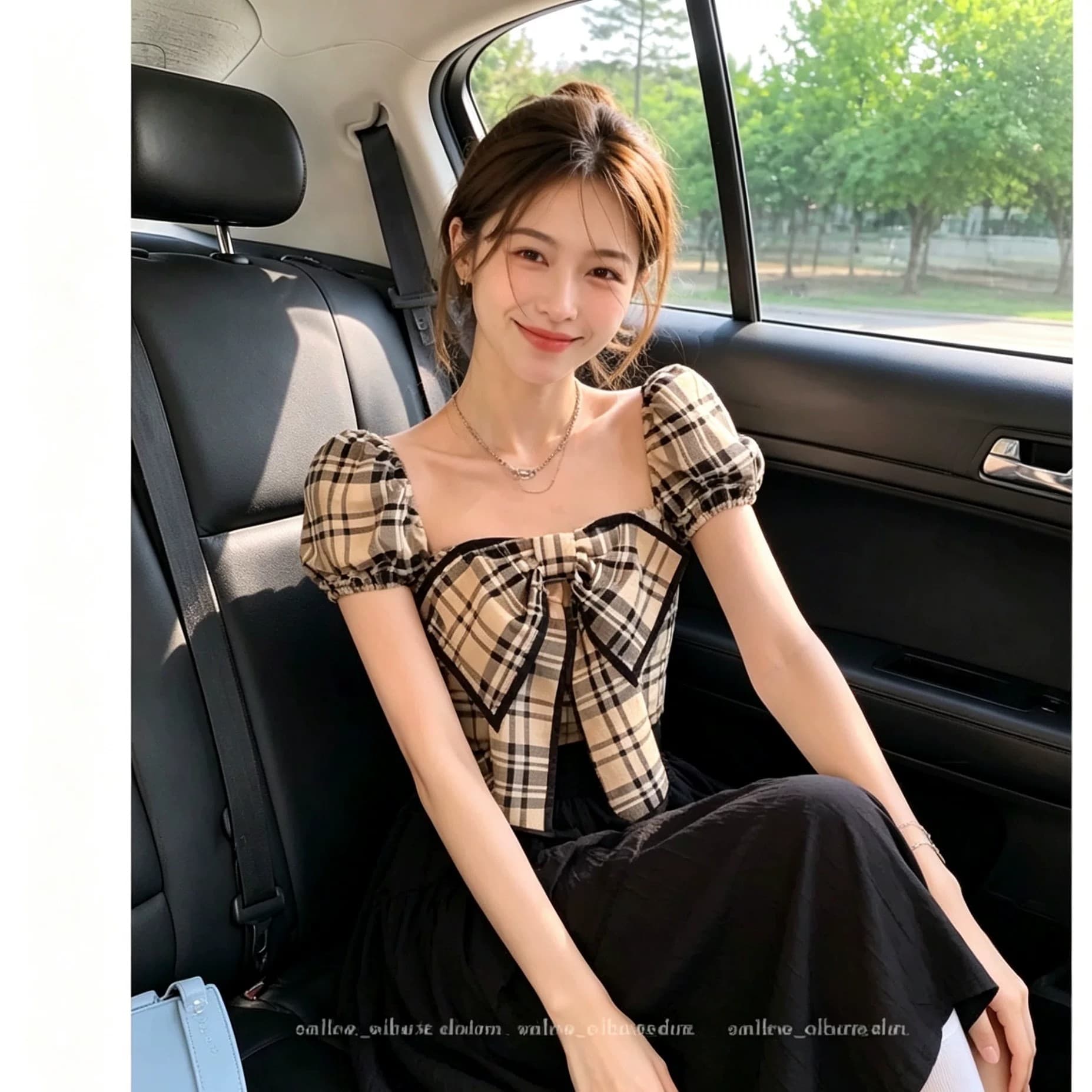 달콤한 매운맛 쇼트 스타일 거품 소매 체크무늬 여성 셔츠 여름 광장 칼라 나비 매듭 작은 키 슬림해 보이는 순수한 욕망 바람 반팔 맨위 이미지 2