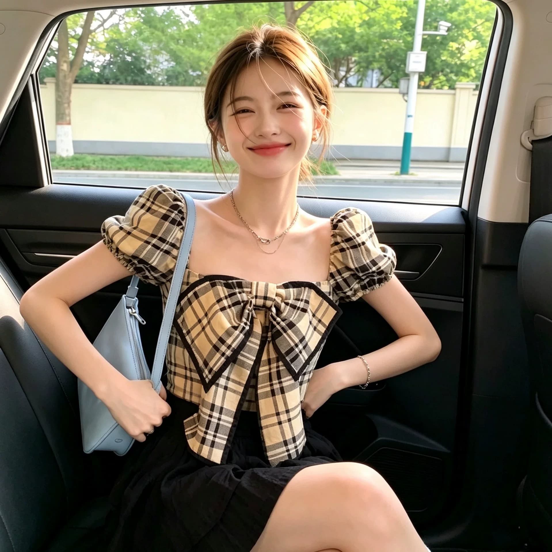 달콤한 매운맛 쇼트 스타일 거품 소매 체크무늬 여성 셔츠 여름 광장 칼라 나비 매듭 작은 키 슬림해 보이는 순수한 욕망 바람 반팔 맨위