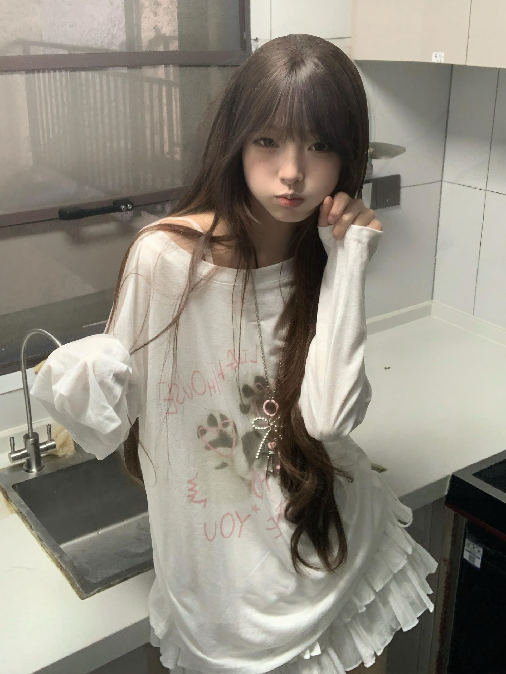 아메리칸 느긋한 바람 비스듬한 어깨 펌프 로프 긴팔 여성 여름 오프숄더 개 클로 프린트 루즈핏 자외선 차단 블라우스 마이크로 ~을 통해 의류 상세 이미지 5