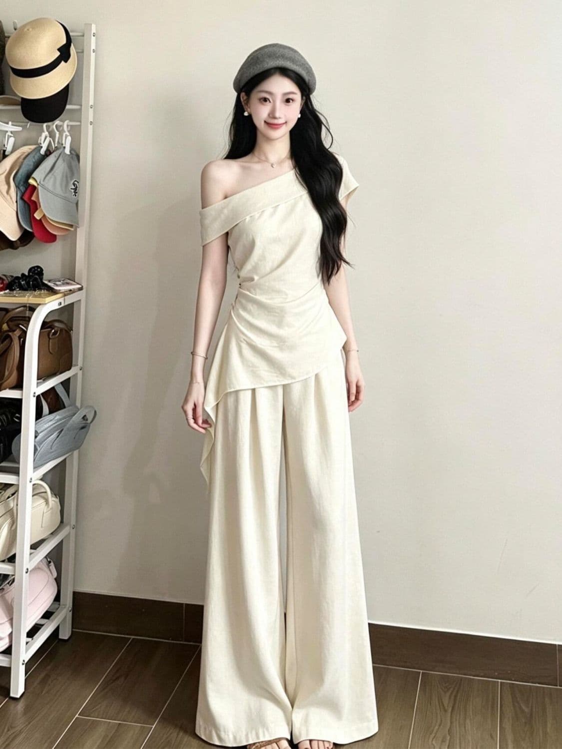 캐주얼 스포츠 슈트 여성 여름 새로운 비스듬한 어깨 펌프 Pleat 리본 몸매 가꾸기 맨위 와이드 레그 팬츠 투피스 세트 한국 대외 무역 이미지 4
