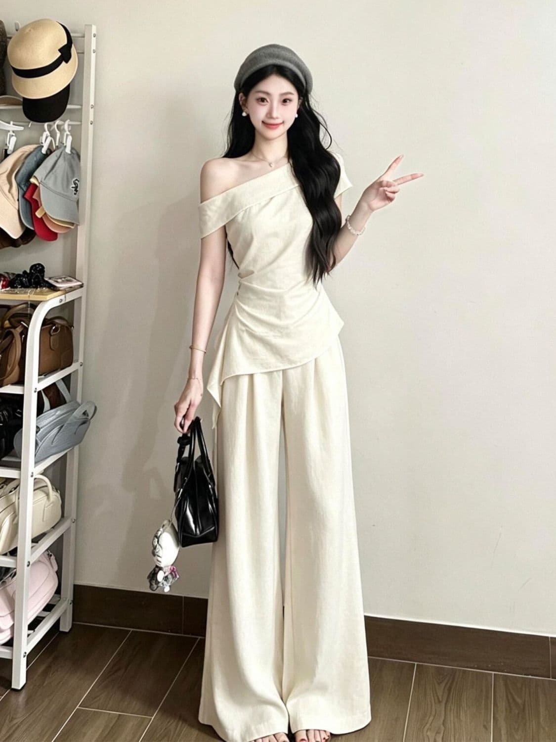 캐주얼 스포츠 슈트 여성 여름 새로운 비스듬한 어깨 펌프 Pleat 리본 몸매 가꾸기 맨위 와이드 레그 팬츠 투피스 세트 한국 대외 무역 상세 이미지 2