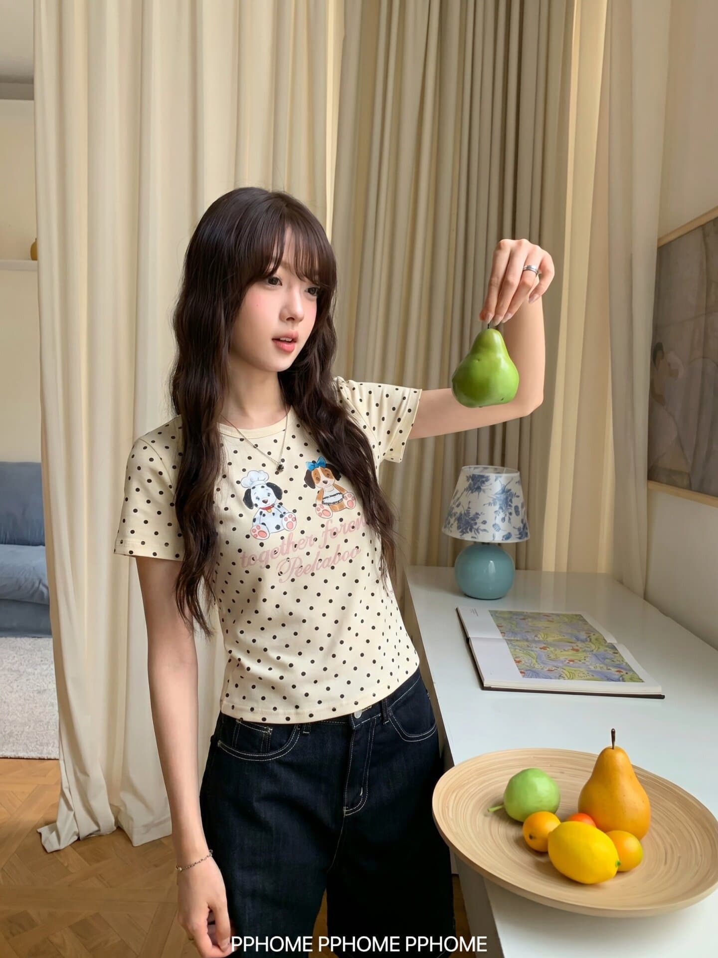 210 그램 좋은 면 아메리칸 도트 무늬 프린트 반팔 티셔츠 여성 여름 새로운 느긋한 작은 셔츠 긍정적 인 어깨 허리 수축 작은 맨위