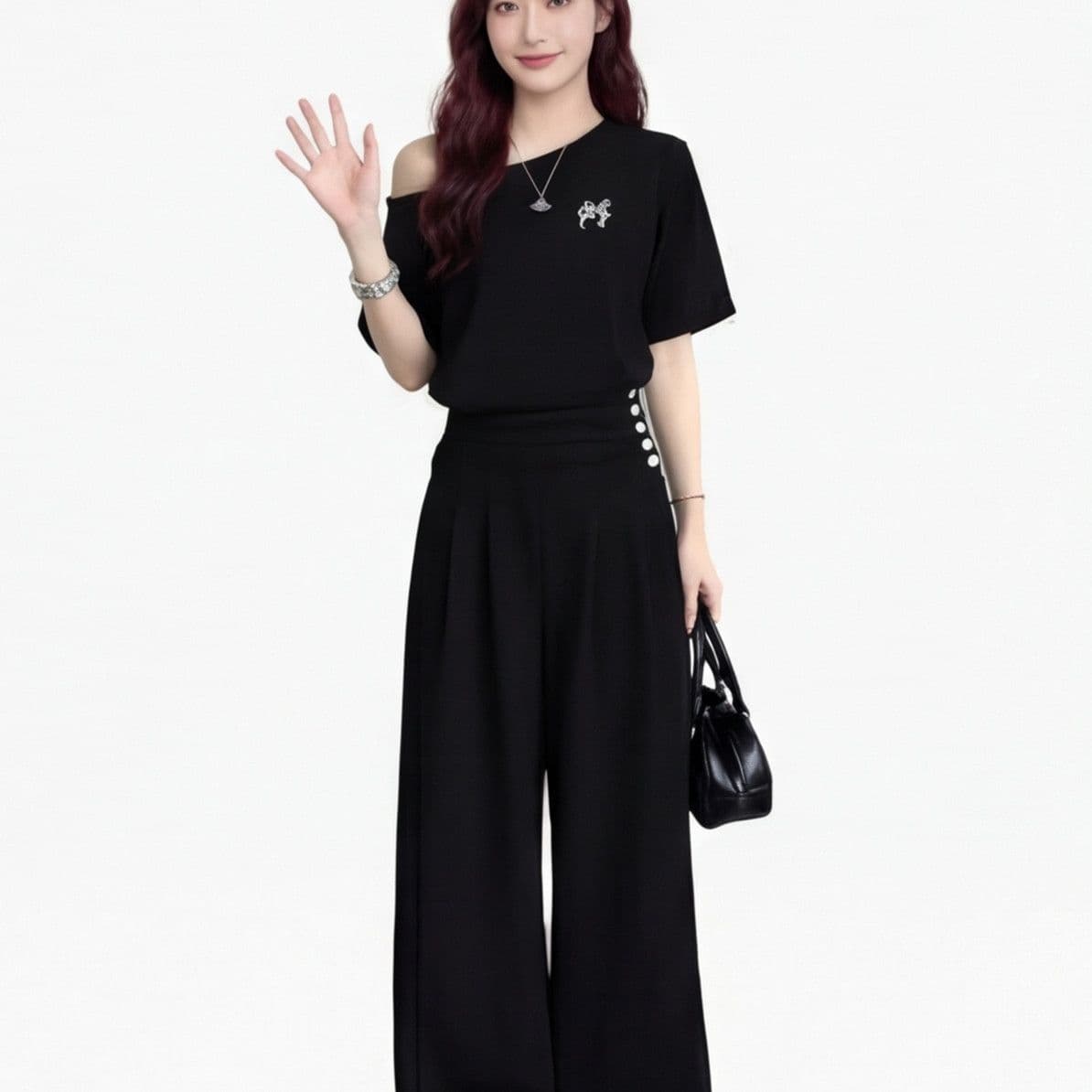 2026 새로운 한 부서 캐주얼 스포츠 슈트 여성 여름 허리 수축 비스듬한 어깨 의류 와이드 레그 팬츠 투피스 세트 한국 대외 무역 이미지 5
