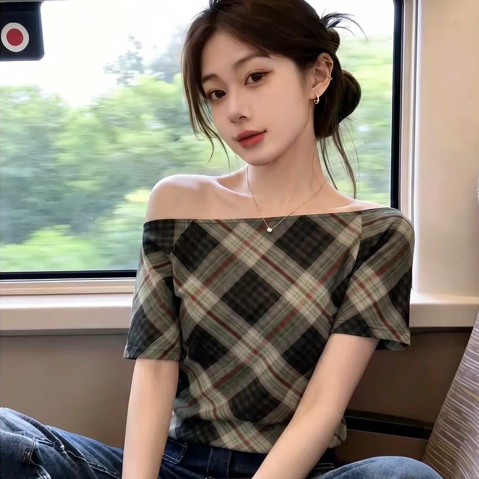 원본 원단 여름 새로운 레트로 체크무늬 오프숄더 맨위 몸매 가꾸기 허리 수축 슬림해 보이는 오프숄더 반팔 티셔츠 여성