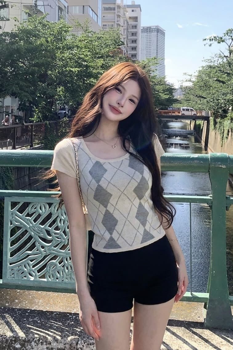 학원 스타일 레트로 링 그리드 니트 반팔 티셔츠 여성 여름 한 부서 순수한 욕망 홀로우 아웃 Chic 몸매 가꾸기 슬림해 보이는 맨위 이미지 6