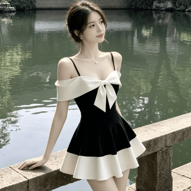 2026 년 새로운 나비 매듭 패치워크 디자인 품격 우아함 예복 치마 오프숄더 슬립 배색 드레스 이미지 5