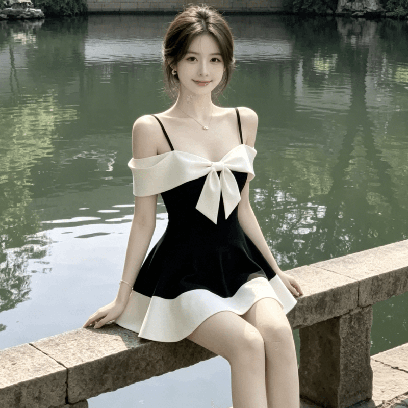 2026 년 새로운 나비 매듭 패치워크 디자인 품격 우아함 예복 치마 오프숄더 슬립 배색 드레스 이미지 4