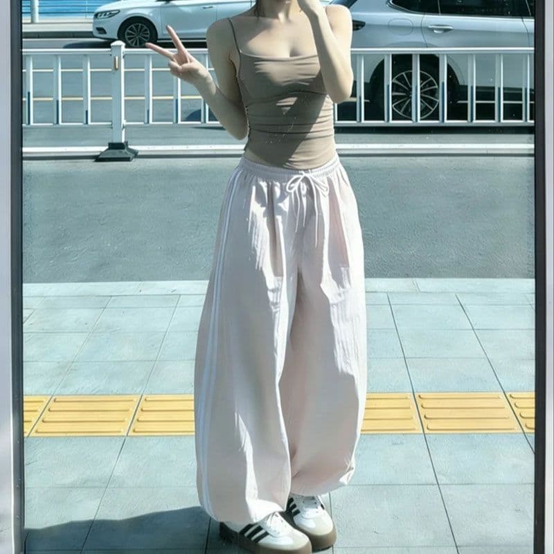 여름 레트로 아메리칸 바 기사 넓은 다리 조거 운동 풍선 캐주얼 바지 한국 대외 무역 한 싱글 폭발 상세 이미지 4