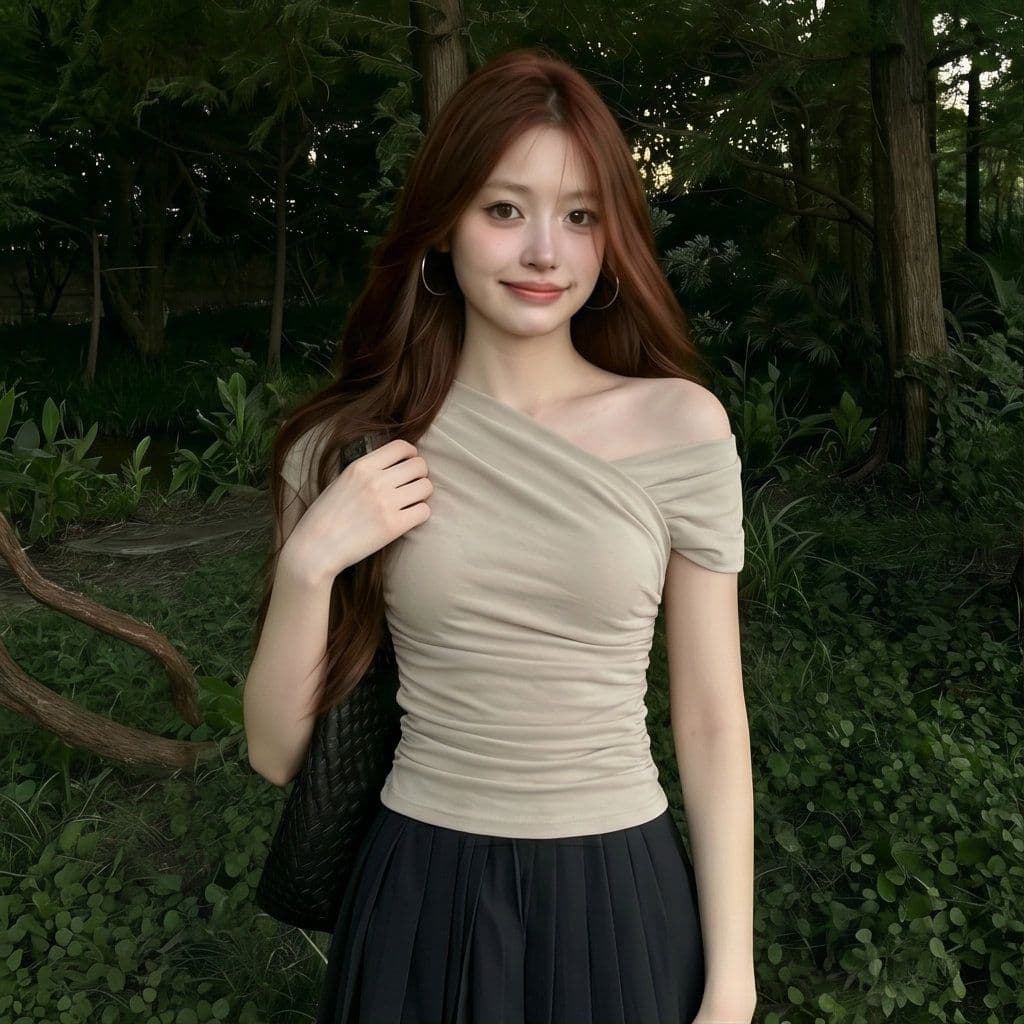 한 부서 회색 살구 색상 비스듬한 어깨 오프숄더 반팔 티셔츠 여성 몸매 가꾸기 품격 디자인 센스 맨위 한국 대외 무역 한 싱글 폭발 상세 이미지 3