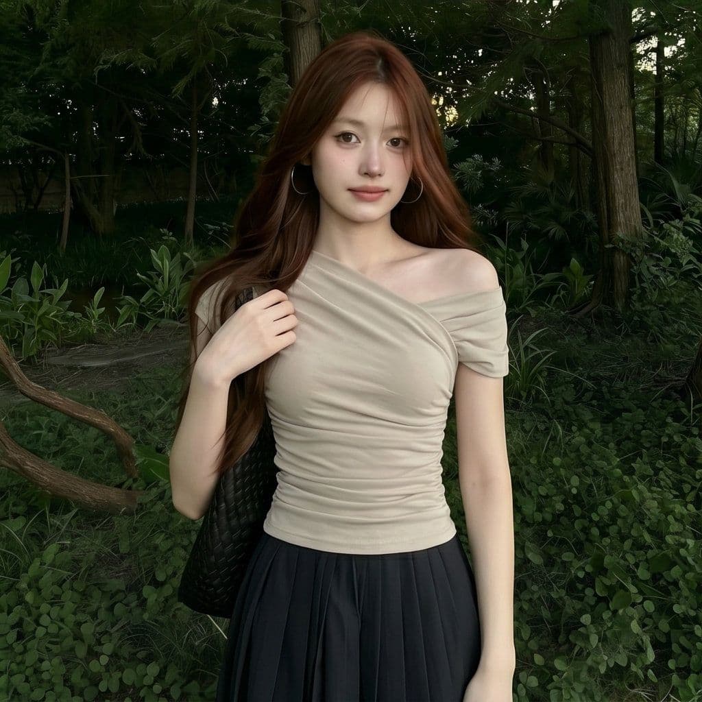 한 부서 회색 살구 색상 비스듬한 어깨 오프숄더 반팔 티셔츠 여성 몸매 가꾸기 품격 디자인 센스 맨위 한국 대외 무역 한 싱글 폭발 상세 이미지 5