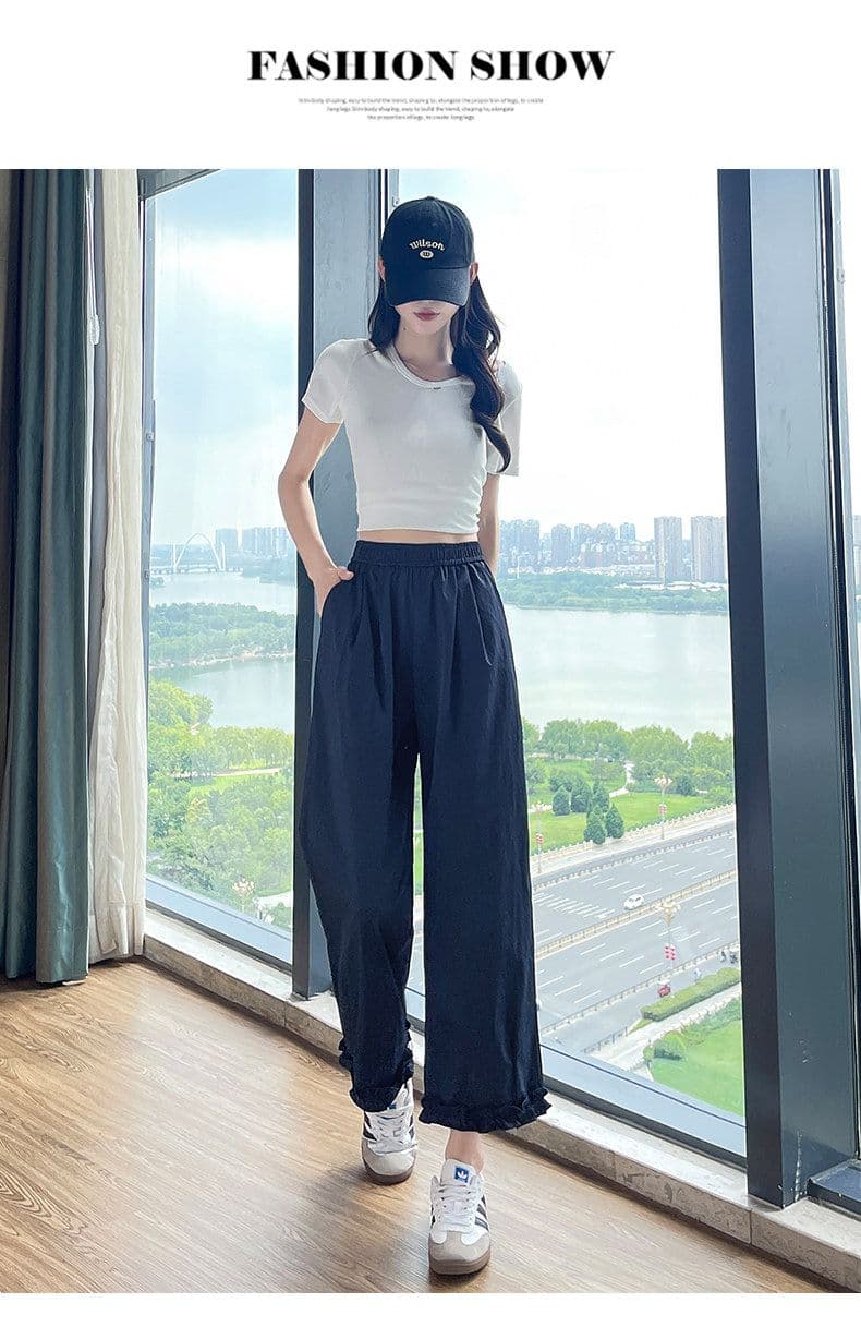 프릴 와이드 레깅스 바지 여름 얇은 스타일 루즈핏 슬림해 보이는 자외선 차단 얼음 실크 9 포인트 꽃밭 스트레이트 팬츠 한국 대외 무역 상세 이미지 27