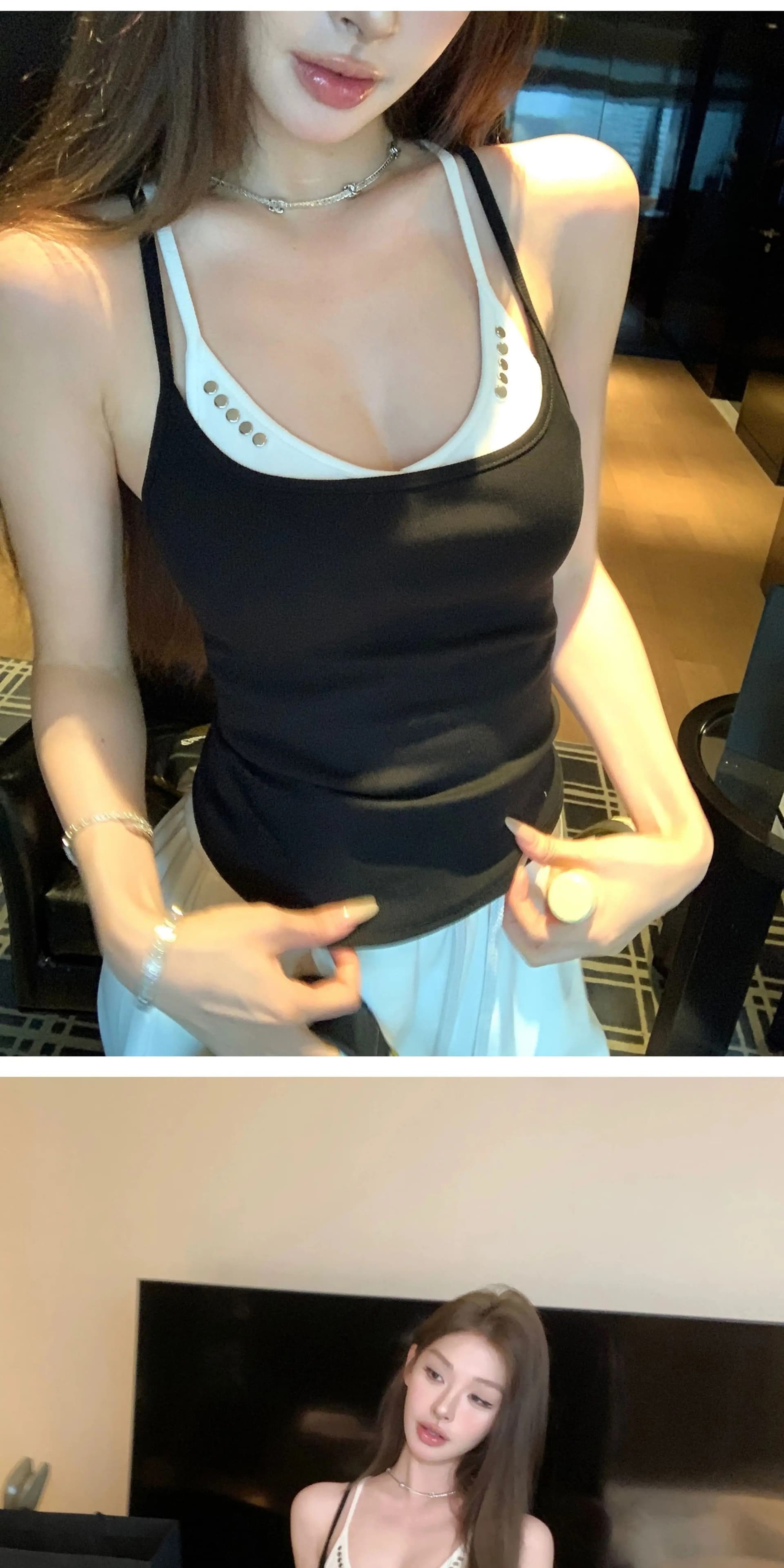 40 순면 아메리칸 핫걸 작은 대중 디자인 센스 징 배색 페이크 레이어드 캐미솔 민소매 맨위 상세 이미지 2