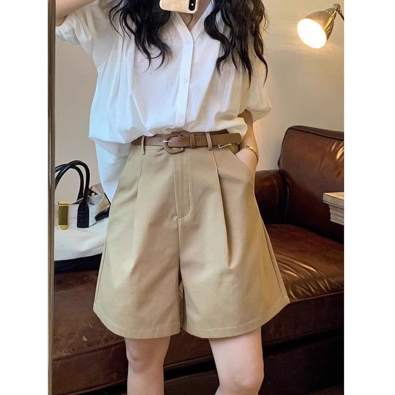 워크웨어 반바지 여성 여름 얇은 스타일 루즈핏 한 마디 넓은 다리 바지 하이웨이스트 레트로 5 점 순면 바지 한국 대외 무역 상세 이미지 1