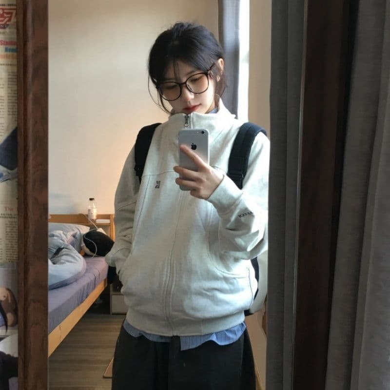 복합 원단 400g 이후 패키지 자수 폴로 칼라 봄 가을 오픈 가디건 재킷 스탠드 칼라 커플 후드티 재킷 이미지 2