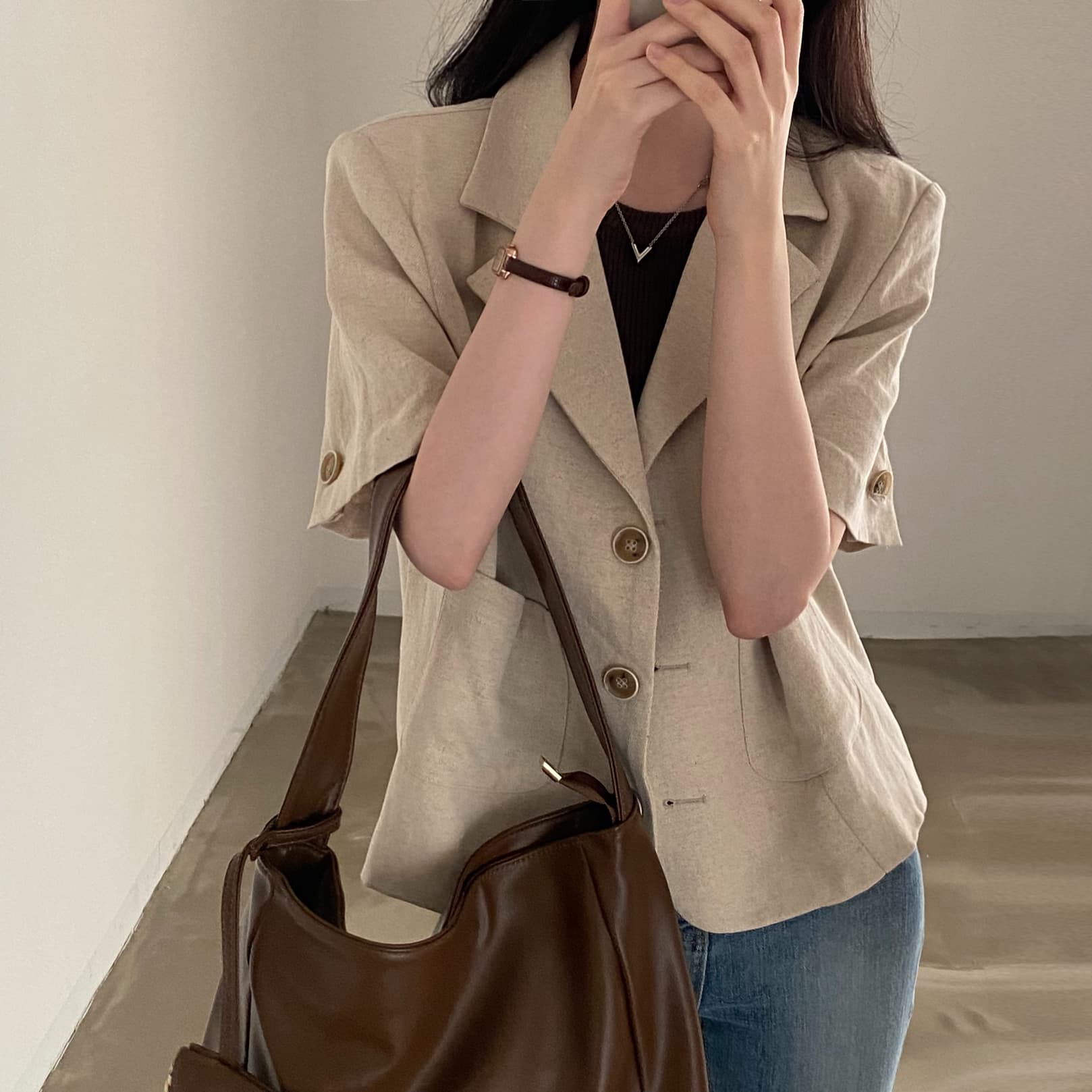 한국 chic 품격 얇은 스타일 반팔 정장 여성 코트 여름 새로운 고급 센스 정장 소금 부서 외부 잡아라. 의류 이미지 3