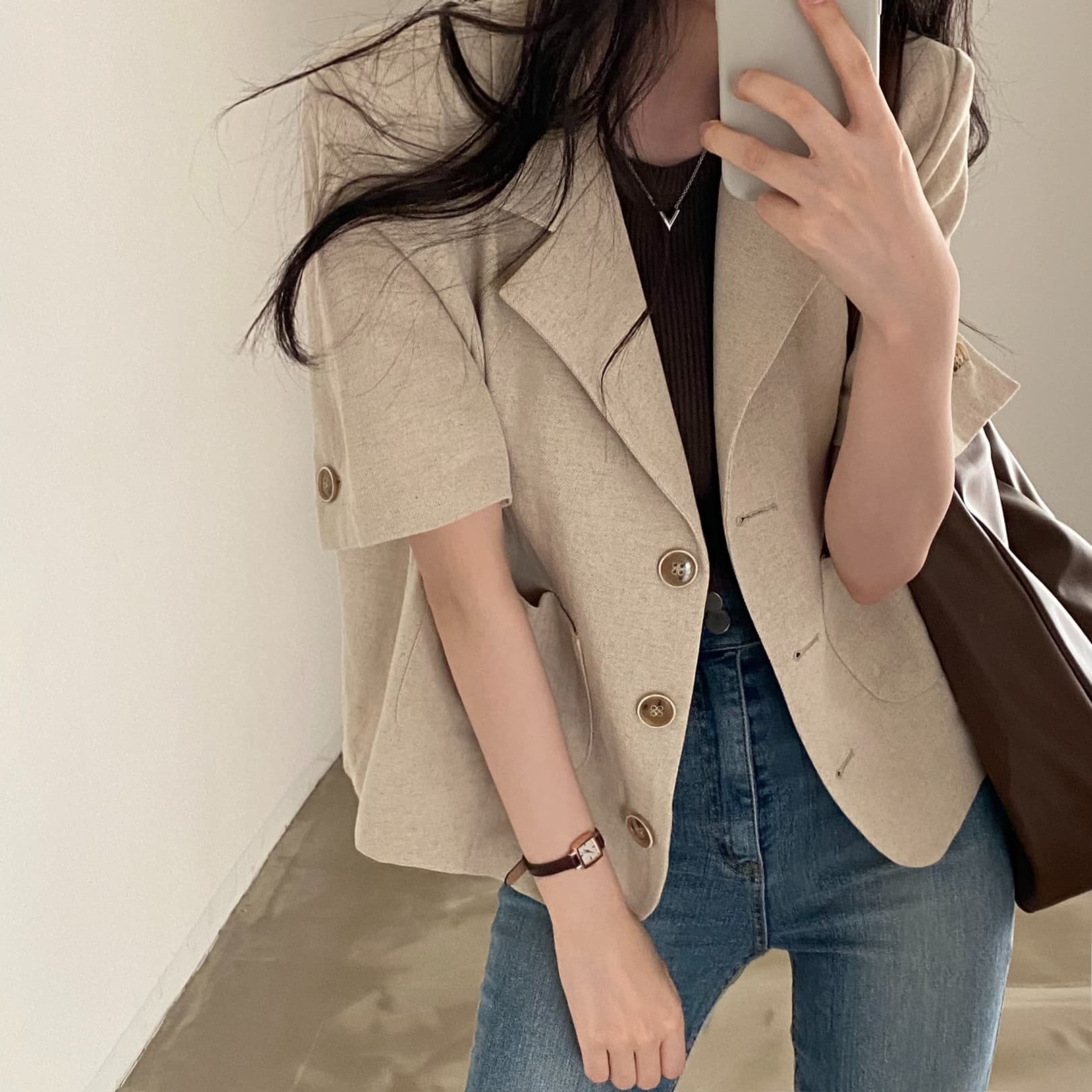 한국 chic 품격 얇은 스타일 반팔 정장 여성 코트 여름 새로운 고급 센스 정장 소금 부서 외부 잡아라. 의류 상세 이미지 4