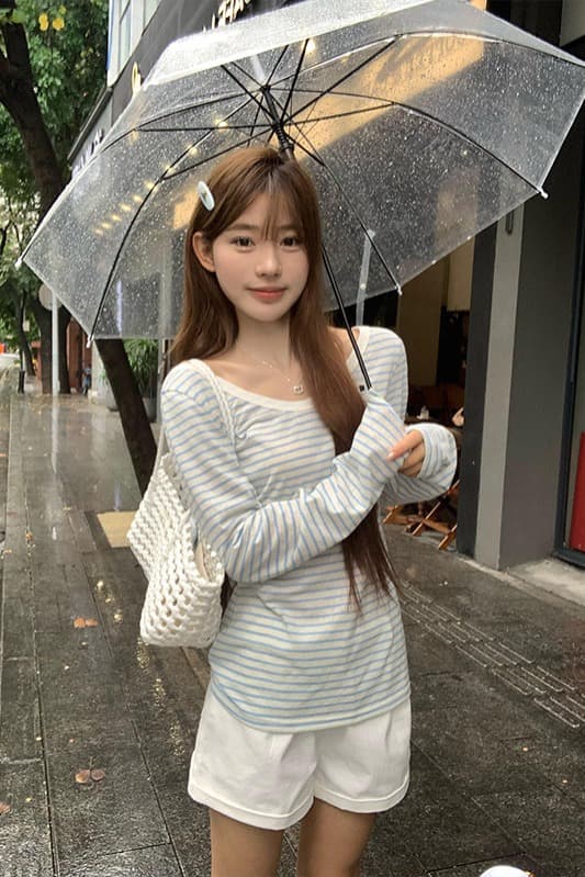 파란색 V넥 스트라이프 자외선 차단 긴팔 티셔츠 여성 여름 한 부서 느슨함 느긋한 센스 루즈핏 블라우스 맨위 이미지 6