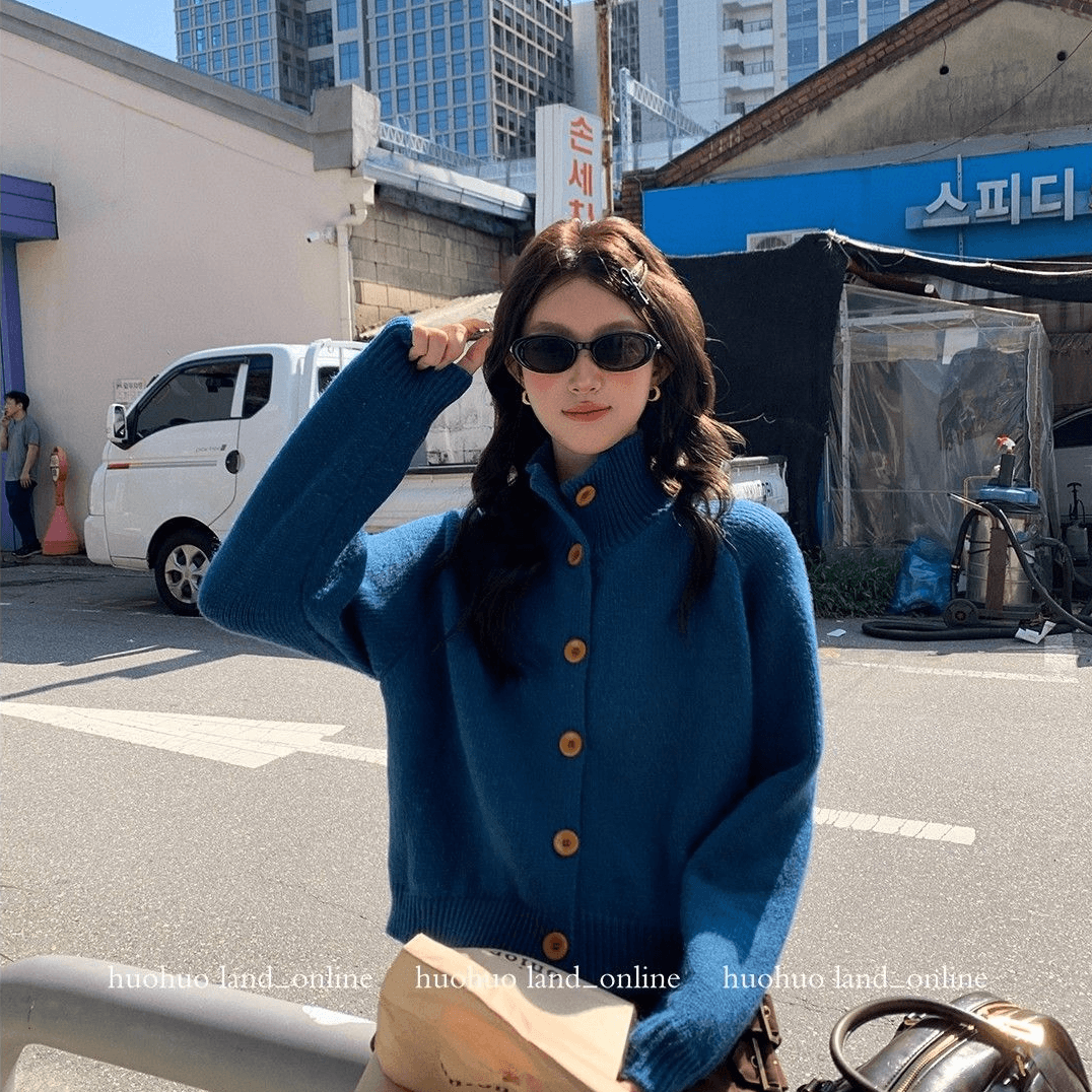 도파민 파란색 가을 겨울 새로운 스탠드 칼라 스웨터 여성 코트 루즈핏 느긋한 바람 디자인 센스 작은 대중 니트 오픈 가디건 이미지 5