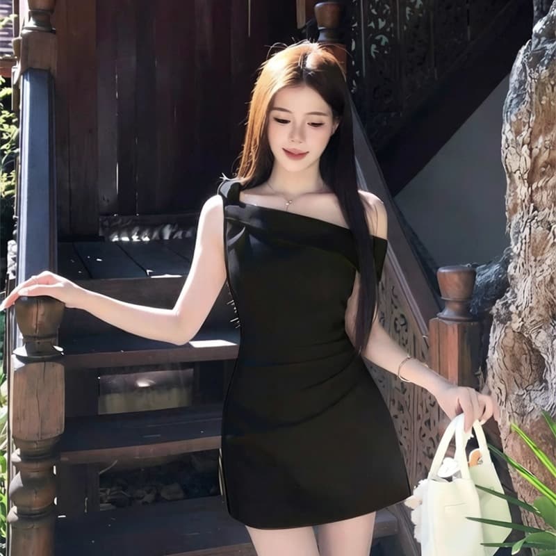 프랑스식 품격 순수한 욕망 고급 센스 비스듬한 어깨 천 금빛 바람 여성 드레스 허리 수축 슬림해 보이는 한 마디 미니 스커트 한국 대외 무역 이미지 4