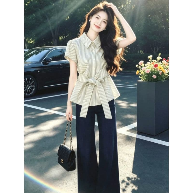 원본 것 화이트 레이스업 허리 수축 폴로 칼라 거품 소매 셔츠 여성 셔츠 여름 부드러운 맨위