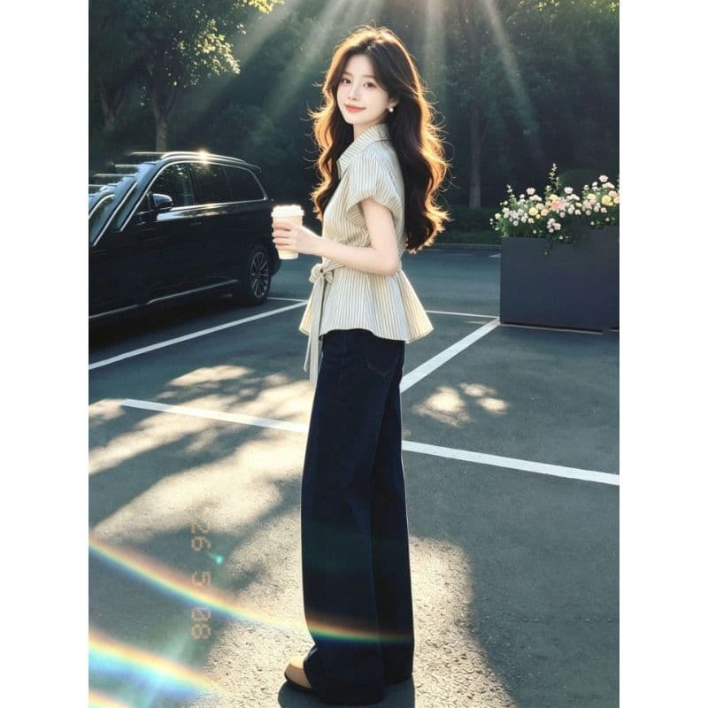 원본 것 화이트 레이스업 허리 수축 폴로 칼라 거품 소매 셔츠 여성 셔츠 여름 부드러운 맨위 이미지 4