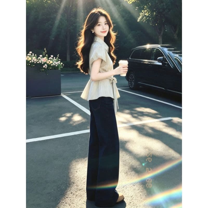 원본 것 화이트 레이스업 허리 수축 폴로 칼라 거품 소매 셔츠 여성 셔츠 여름 부드러운 맨위 이미지 3