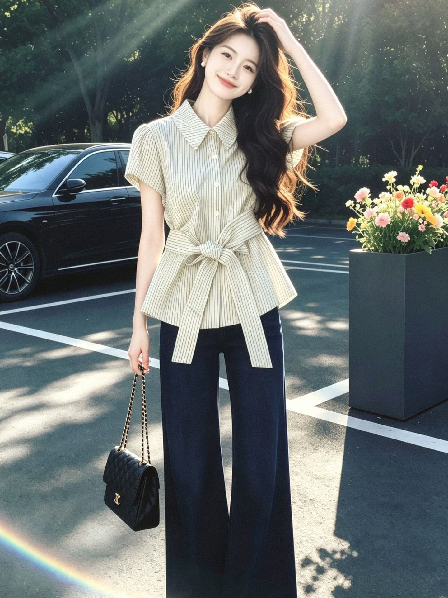 원본 것 화이트 레이스업 허리 수축 폴로 칼라 거품 소매 셔츠 여성 셔츠 여름 부드러운 맨위 상세 이미지 2