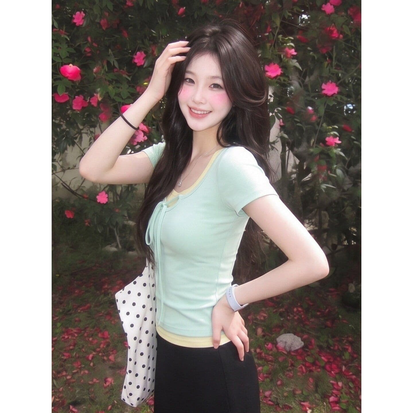 도파민 녹색 광장 칼라 스트랩 반팔 티셔츠 여성 여름 핫걸 페이크 레이어드 쇼트 스타일 맨위 한국 대외 무역 외부 싱글 상세 이미지 5
