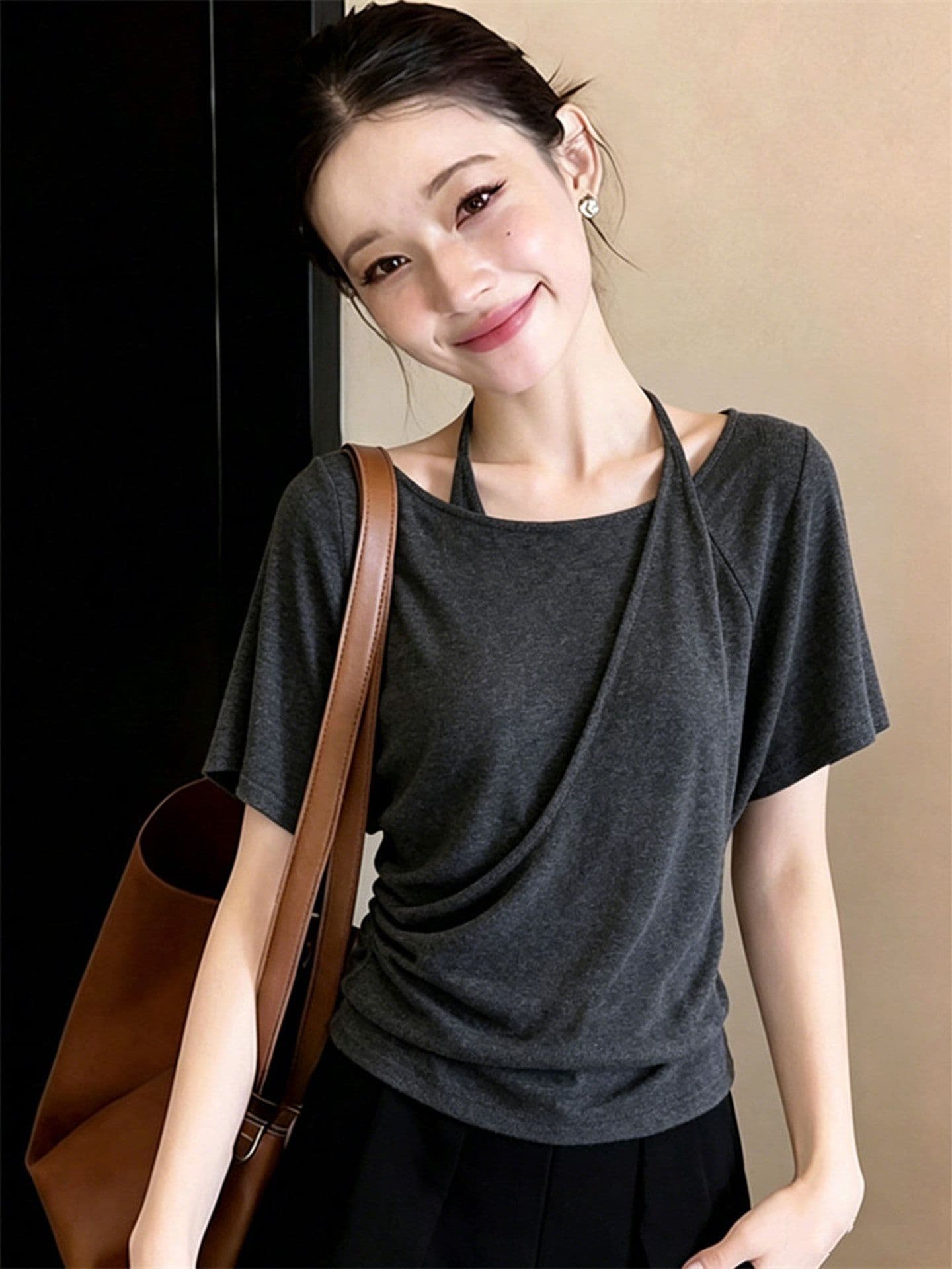 컬러 코튼 당겨 프레임 레트로 페이크 레이어드 행침 목 반팔 티셔츠 여성 여름 디자인 센스 수리 느긋한 바람 맨위 상세 이미지 6