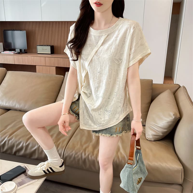 고유 한 아름다운 불규칙 찢어진 부분 반팔 티셔츠 여성 여름 한국 스타일 Chic 트임 작은 키 긍정적 인 어깨 의류 트렌디 상세 이미지 4
