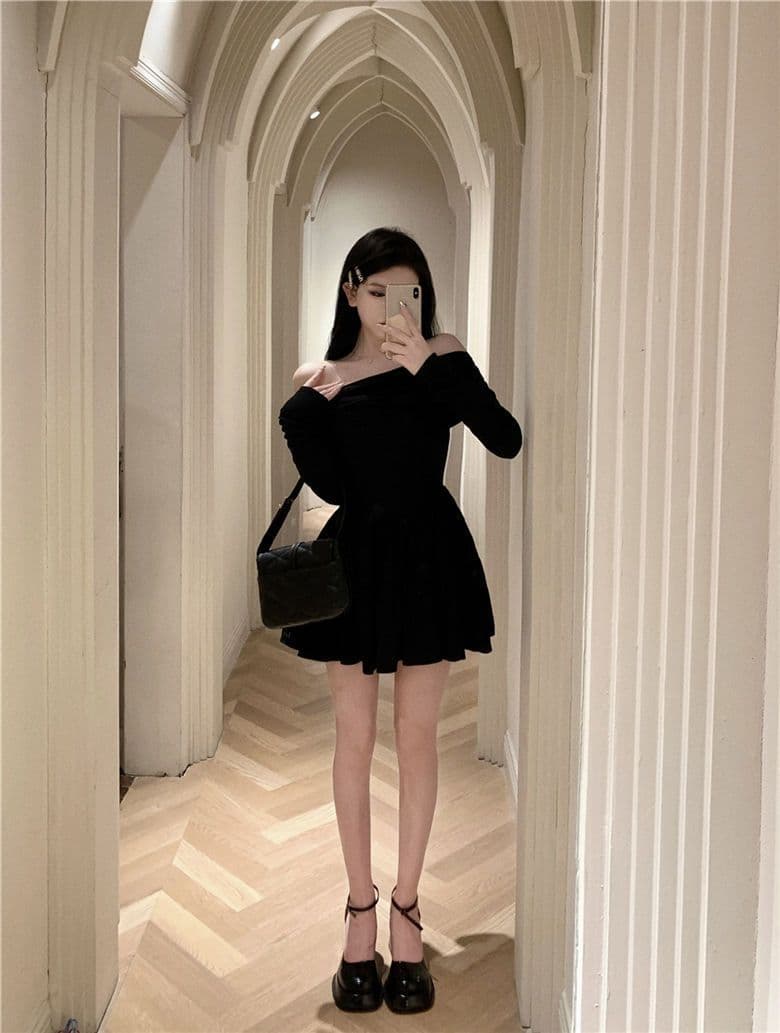 프랑스식 품격 보트넥 한 마디 짧은 치마 긴팔 여성 드레스 여름 드레스 달콤한 핫걸 몸매 가꾸기 허리 수축 작은 검은 드레스 상세 이미지 8