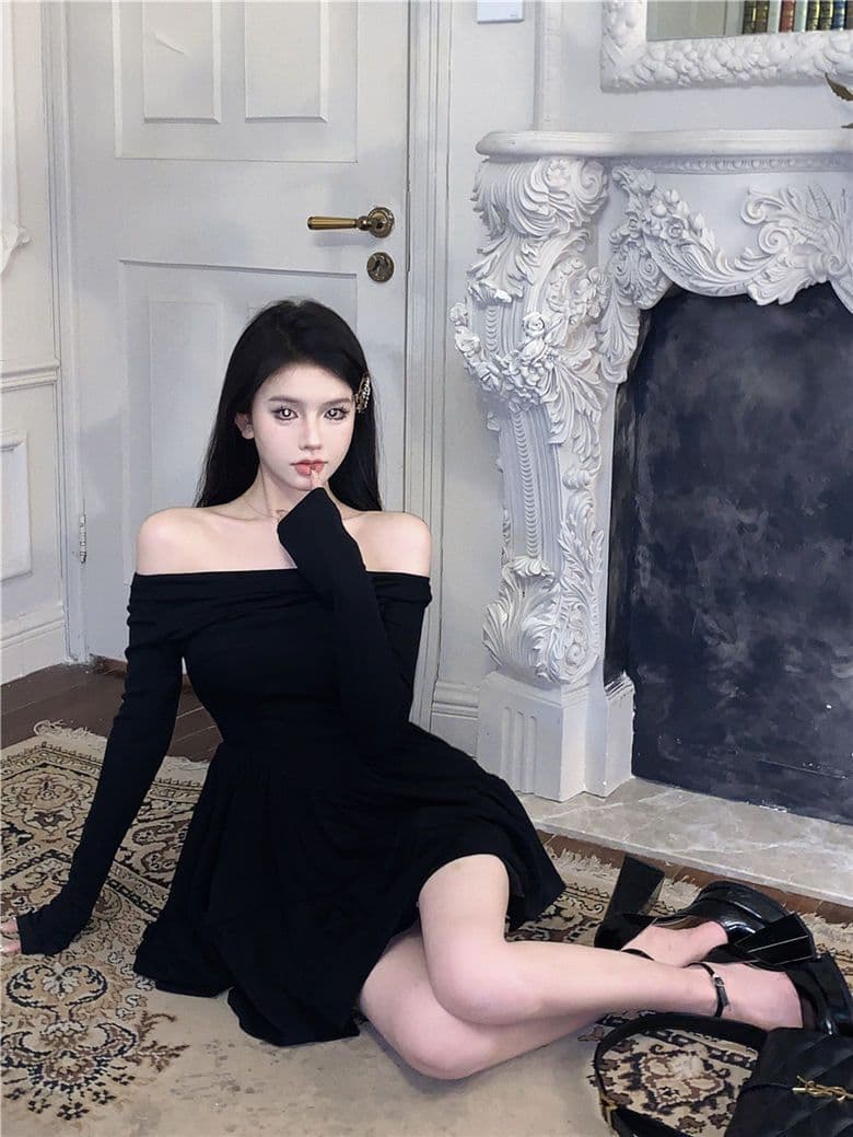프랑스식 품격 보트넥 한 마디 짧은 치마 긴팔 여성 드레스 여름 드레스 달콤한 핫걸 몸매 가꾸기 허리 수축 작은 검은 드레스 상세 이미지 18