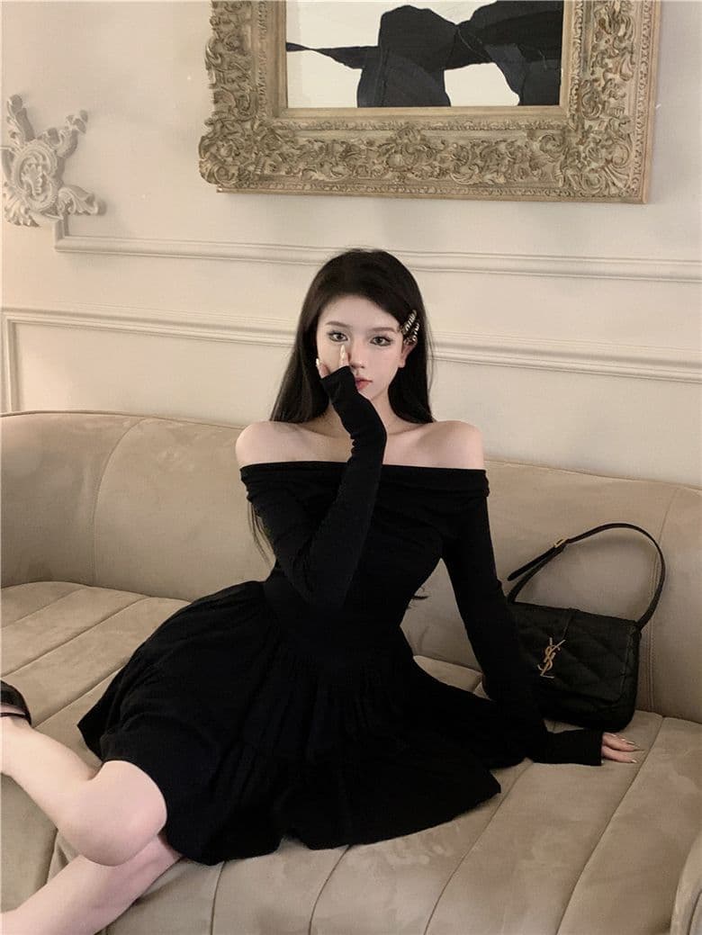 프랑스식 품격 보트넥 한 마디 짧은 치마 긴팔 여성 드레스 여름 드레스 달콤한 핫걸 몸매 가꾸기 허리 수축 작은 검은 드레스 상세 이미지 19