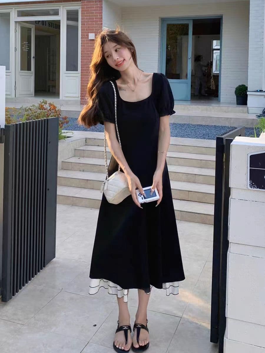 지퍼 네리 2026 새로운 검정색 광장 칼라 거품 소매 드레스 아이들 여름 허리 수축 공주 롱 스커트 이미지 4