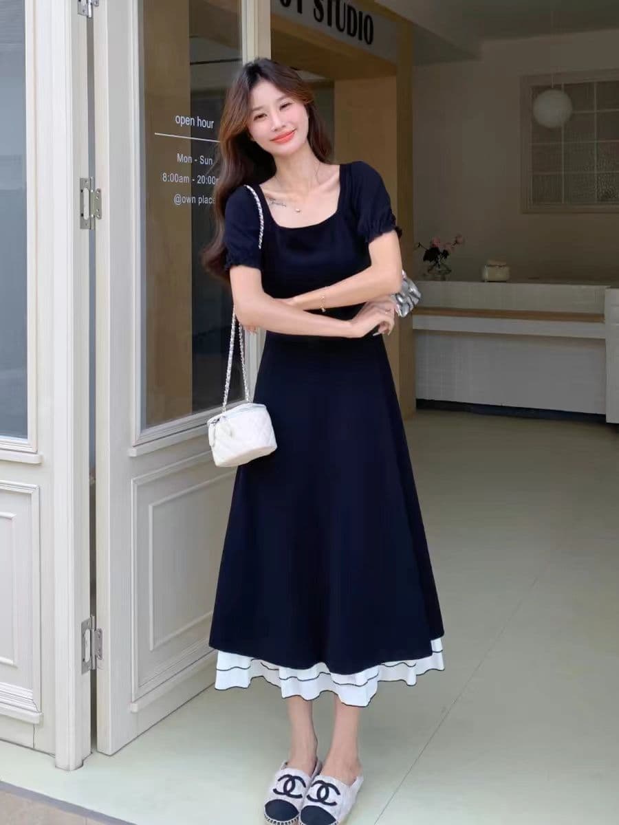 지퍼 네리 2026 새로운 검정색 광장 칼라 거품 소매 드레스 아이들 여름 허리 수축 공주 롱 스커트 이미지 3