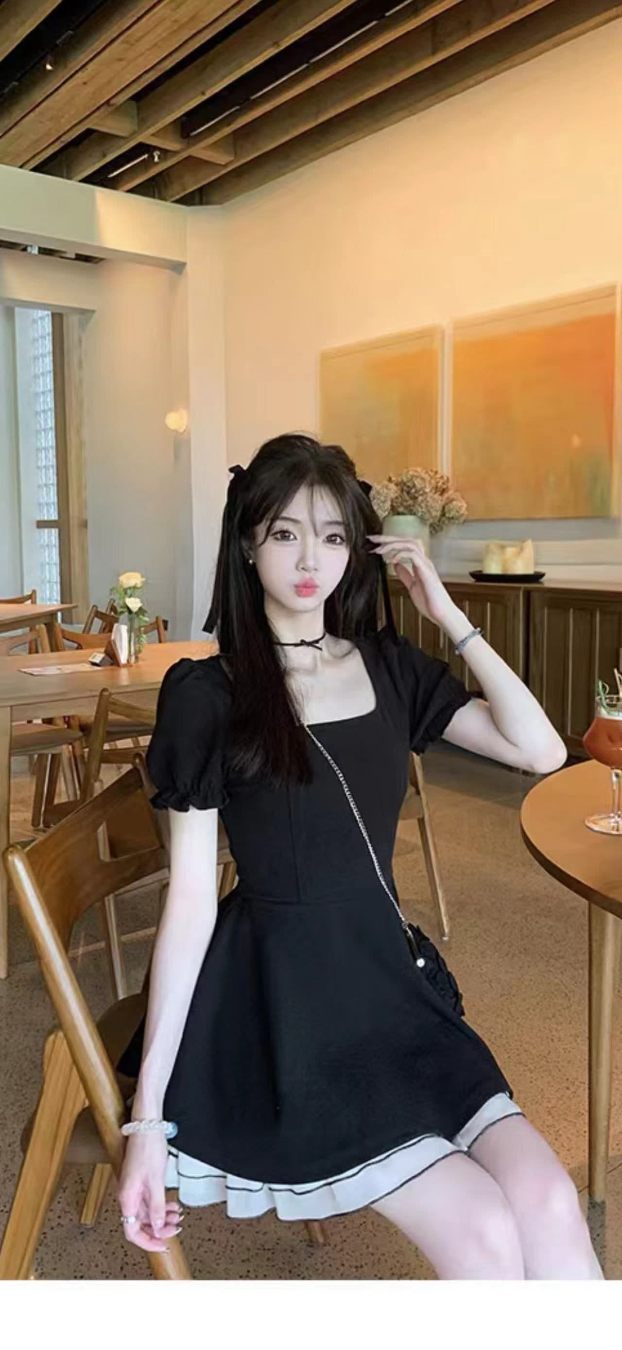 지퍼 네리 2026 새로운 검정색 광장 칼라 거품 소매 드레스 아이들 여름 허리 수축 공주 롱 스커트 상세 이미지 8