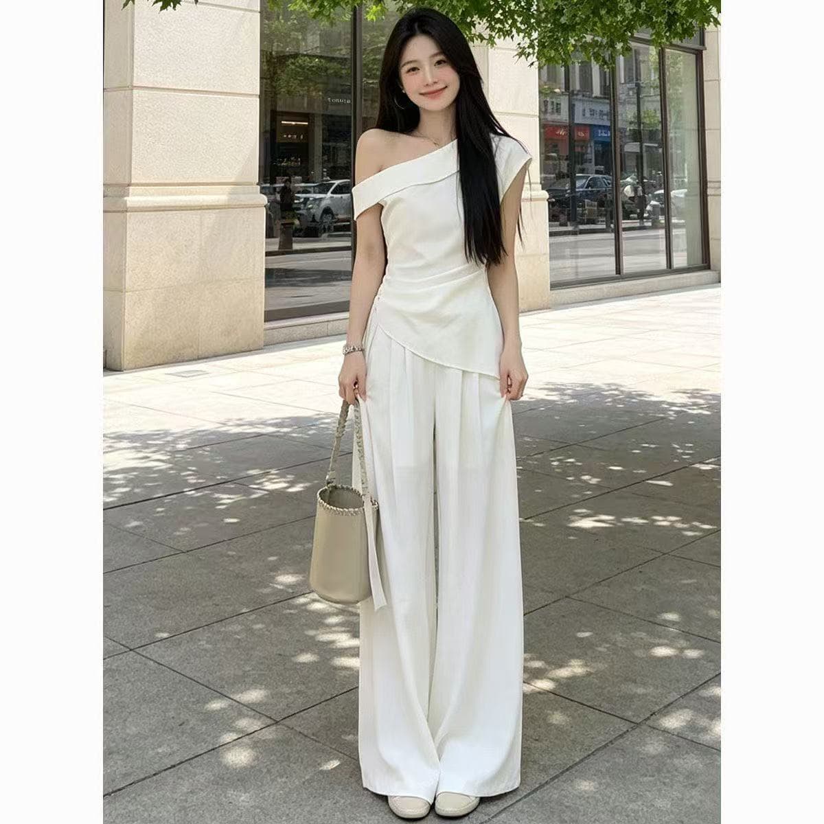 패션 세트 여성 여름 새로운 비스듬한 어깨 펌프 Pleat 리본 슬림해 보이는 맨위 하이웨이스트 와이드 레그 팬츠 투피스 세트 이미지 2