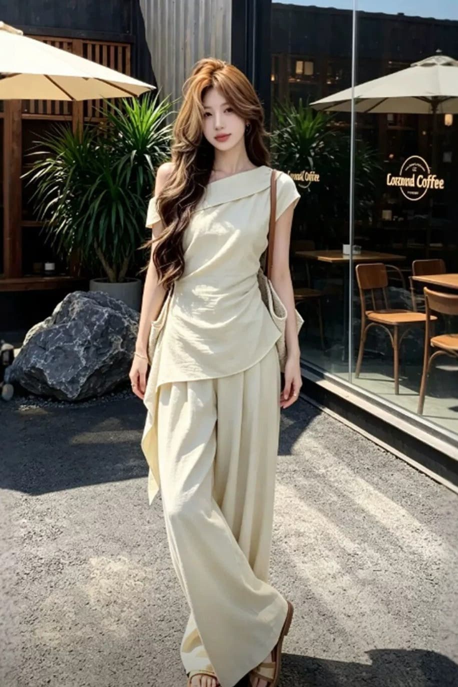 패션 세트 여성 여름 새로운 비스듬한 어깨 펌프 Pleat 리본 슬림해 보이는 맨위 하이웨이스트 와이드 레그 팬츠 투피스 세트 이미지 6