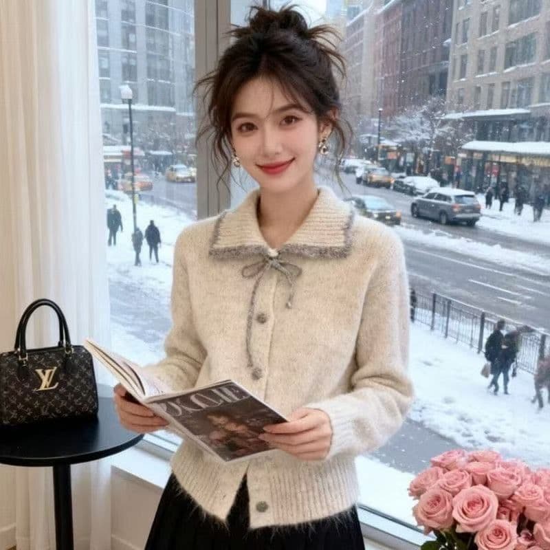 한 부서 부드러운 바람 부드러운 찹쌀 배색 칼라 니트 스웨터 스웨터 여자 가을 겨울 외국 가스 캐주얼 미니멀리즘 다용도 맨위 이미지 4