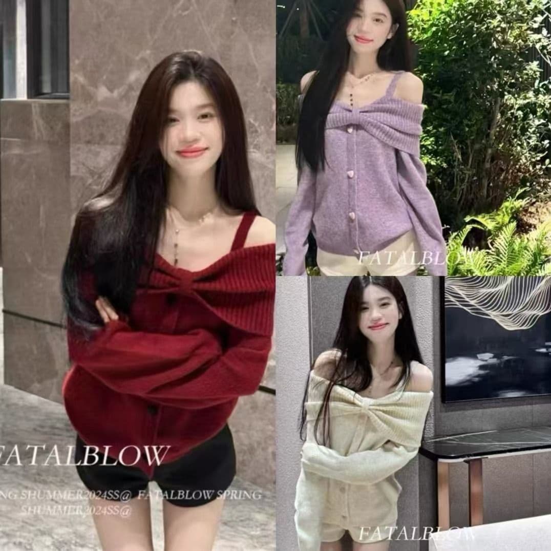 나비 매듭 오프숄더 행침 목 스웨터 여자 가을 겨울철 두꺼운 느긋한 루즈핏 오프숄더 니트 맨위 한국 대외 무역 이미지 2