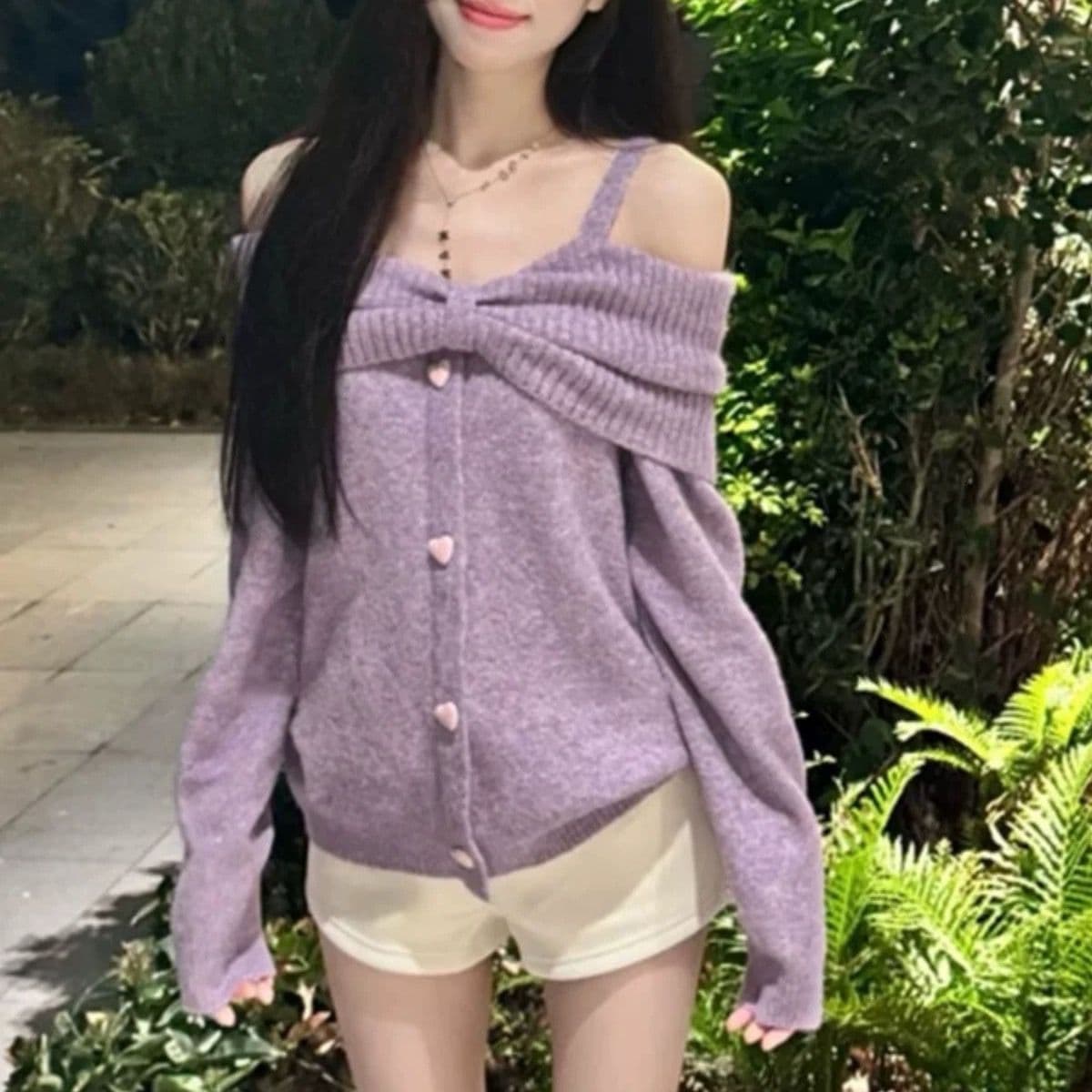 나비 매듭 오프숄더 행침 목 스웨터 여자 가을 겨울철 두꺼운 느긋한 루즈핏 오프숄더 니트 맨위 한국 대외 무역 이미지 5