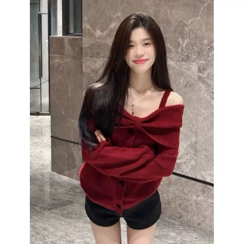 나비 매듭 오프숄더 행침 목 스웨터 여자 가을 겨울철 두꺼운 느긋한 루즈핏 오프숄더 니트 맨위 한국 대외 무역 상세 이미지 1