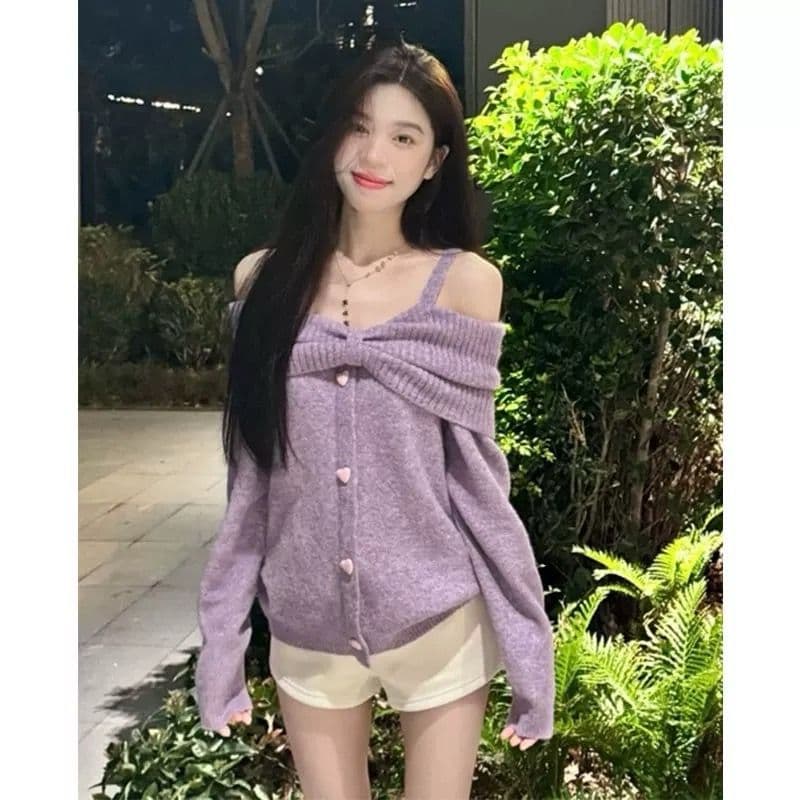 나비 매듭 오프숄더 행침 목 스웨터 여자 가을 겨울철 두꺼운 느긋한 루즈핏 오프숄더 니트 맨위 한국 대외 무역 상세 이미지 2