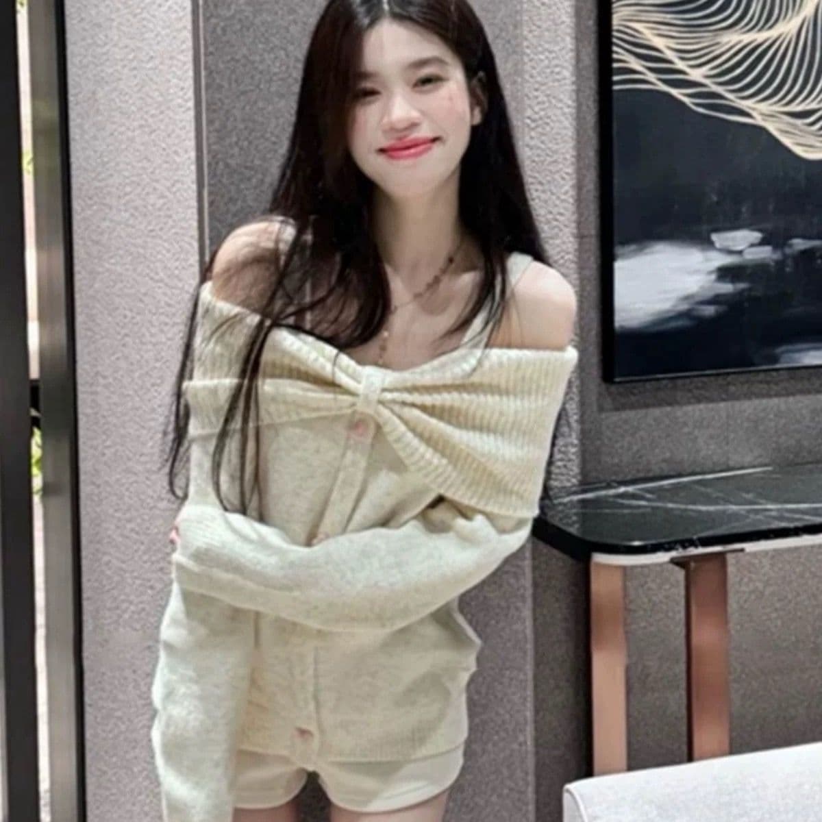 나비 매듭 오프숄더 행침 목 스웨터 여자 가을 겨울철 두꺼운 느긋한 루즈핏 오프숄더 니트 맨위 한국 대외 무역 상세 이미지 3