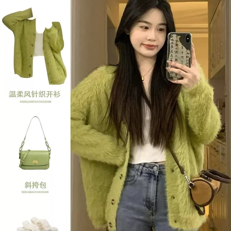 레트로 부드러운 바람 녹색 fall 털 니트 오픈 가디건 여성 가을 루즈핏 느긋한 바람 고급 센스 스웨터 코트 맨위