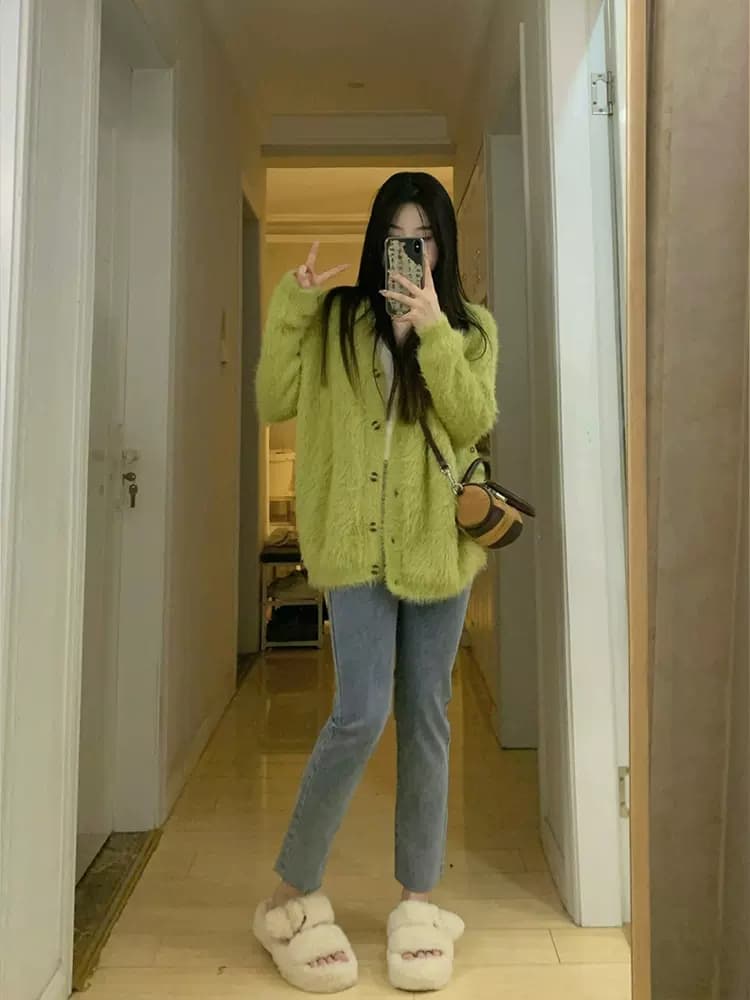 레트로 부드러운 바람 녹색 fall 털 니트 오픈 가디건 여성 가을 루즈핏 느긋한 바람 고급 센스 스웨터 코트 맨위 상세 이미지 5