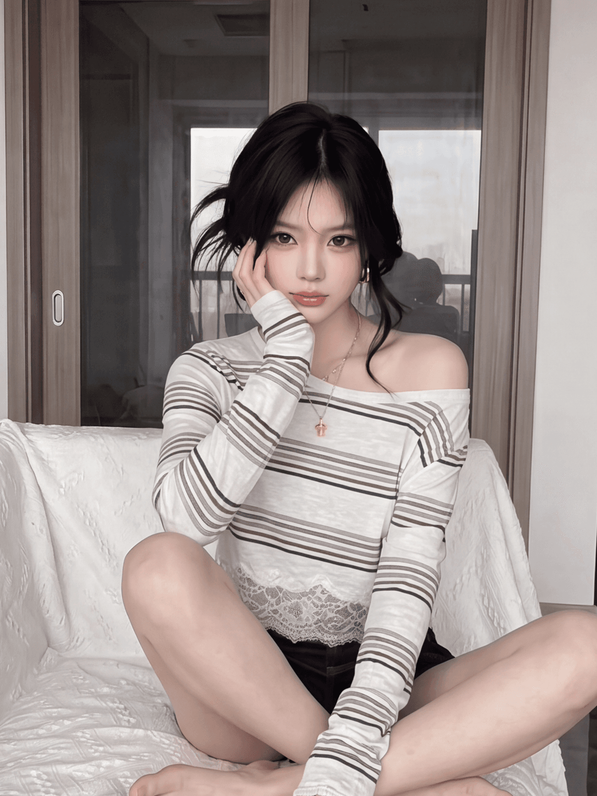 순수한 욕망 섹시함 스트라이프 오프숄더 긴팔 티셔츠 여성 의류 여름 2026 몸매 가꾸기 슬림해 보이는 쇼트 스타일 레이스 조각 맨위 상세 이미지 5