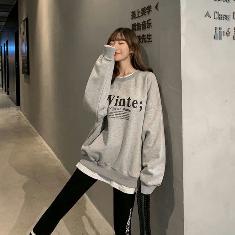털이 있는 가을 겨울 한국 스타일 루즈핏 알파벳 다용도 페이크 레이어드 라운드 넥 후드티 여자 학생 맨위 외부 한국 대외 무역