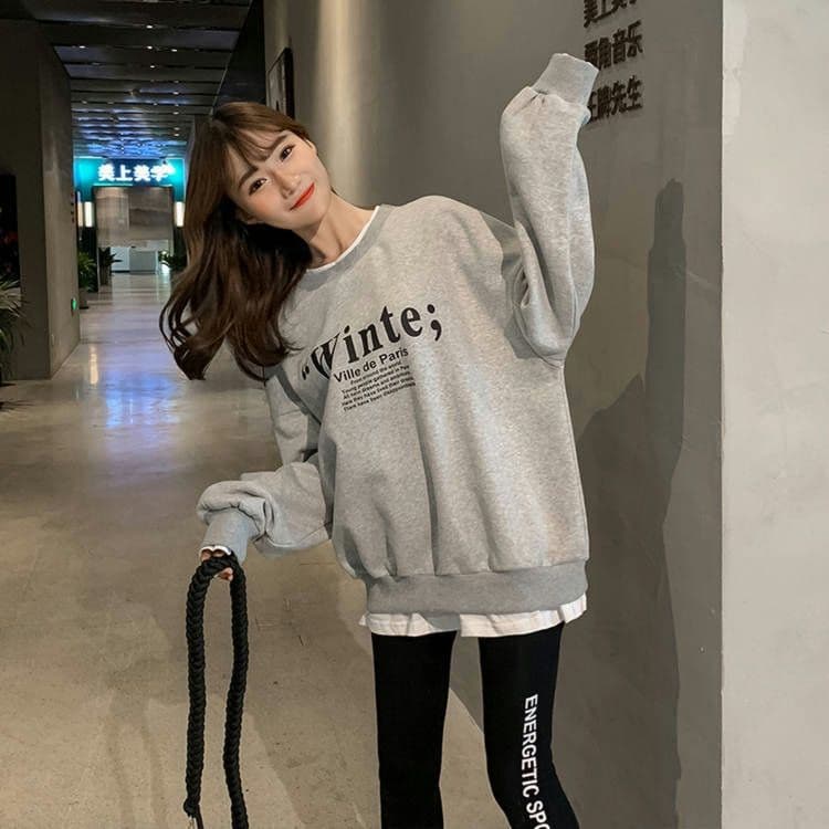 털이 있는 가을 겨울 한국 스타일 루즈핏 알파벳 다용도 페이크 레이어드 라운드 넥 후드티 여자 학생 맨위 외부 한국 대외 무역 상세 이미지 3