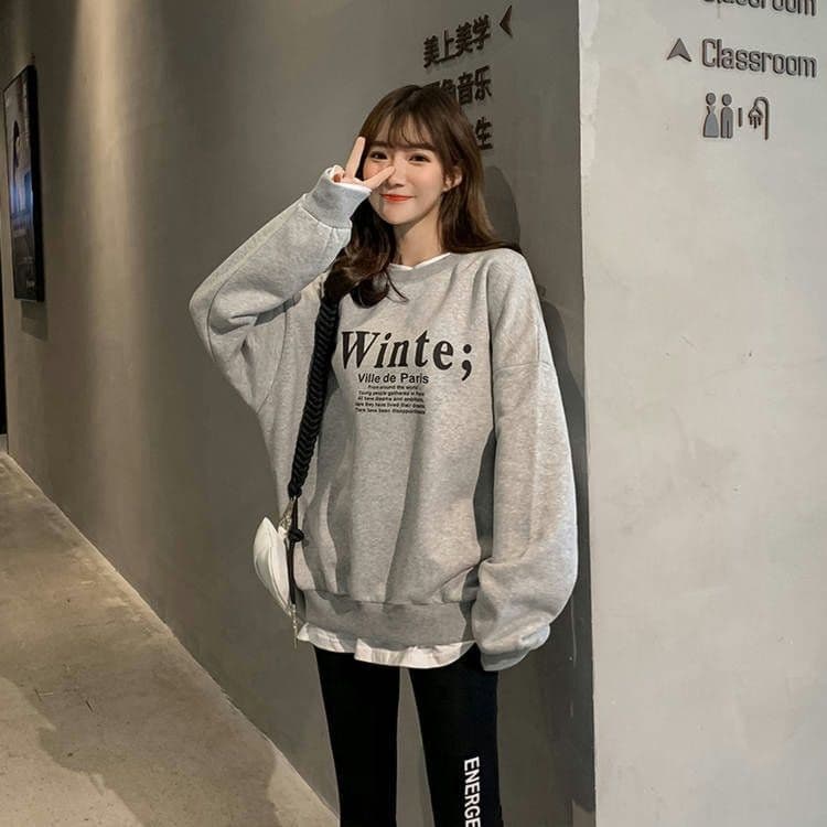 털이 있는 가을 겨울 한국 스타일 루즈핏 알파벳 다용도 페이크 레이어드 라운드 넥 후드티 여자 학생 맨위 외부 한국 대외 무역 상세 이미지 10